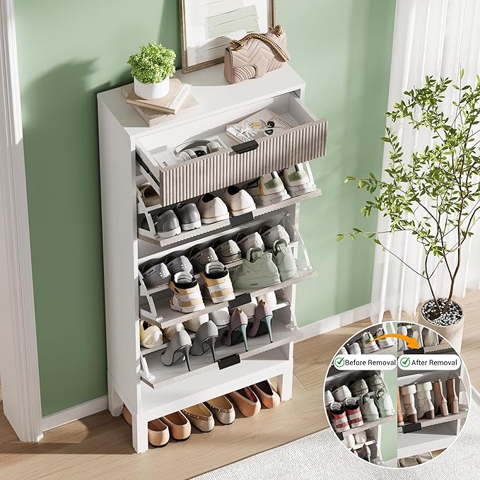 GarveeHome Shoe Cabinet with 3 Flip Doors & 1 Drawer, Entrance Wooden Shoe Rack with Iron Legs, Slim Shoe Storage Cabinet, Modern Fluted Shoe Organizer for Entryway Hallway, White+Grey