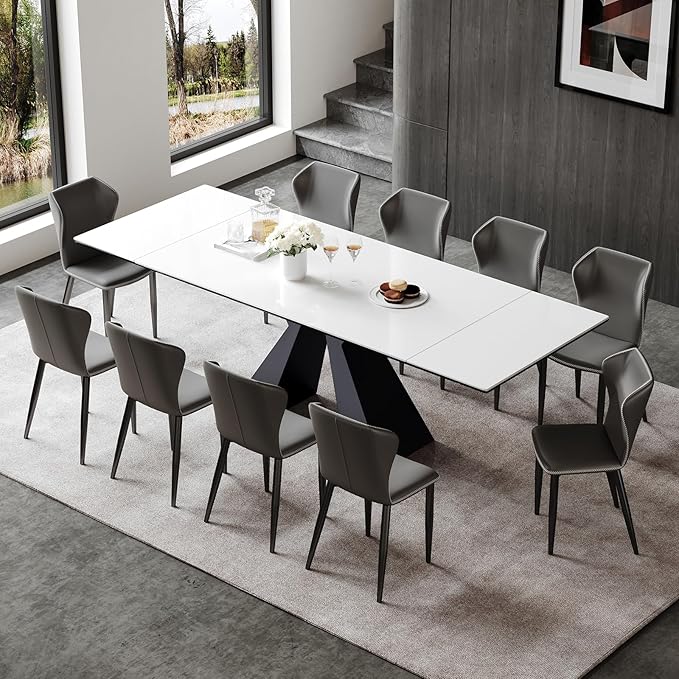 Extendable Dining Table for 8-12 Seat, Flexible Stretch, Tabletop Made from Rock Plate and Tempered Glass, Solid Carbon Steel Base, 35.4" D x 94.5" W x 30" H, White Top