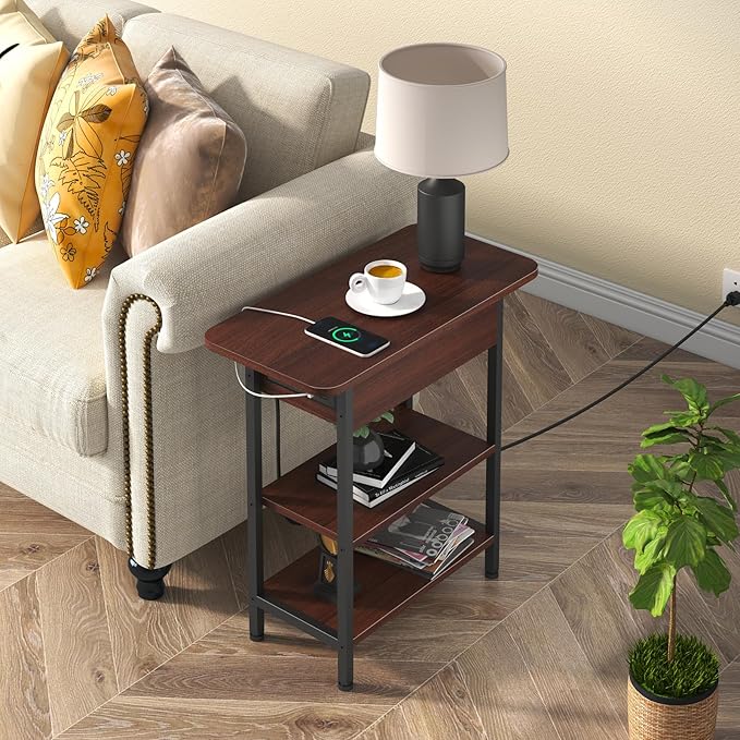 LIDYUK End Table with Charging Station, Flip Top Narrow Side Table for Small Spaces, Nightstands Set of 2 for Bedroom, End Tables Living Room Set of 2 with Storage Shelf, Cherry