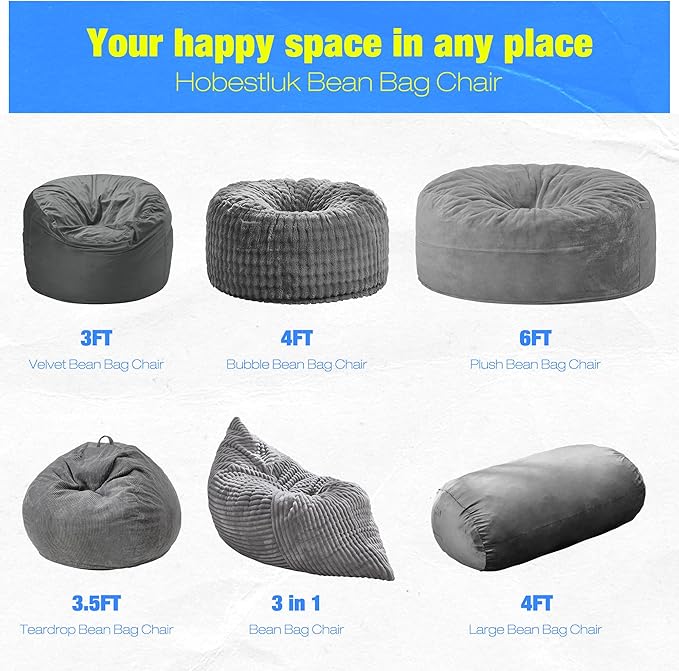 Hobestluk 4FT Bean Bag Chair Large Beanbag with Removable Cover Adult Bean Bag Chair with Portable Handle Desgin for Living Room Bedroom (Grey, 4FT)