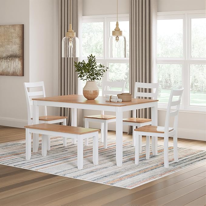Signature Design by Ashley Gesthaven Modern Dining Table with 4 Chairs and Bench, Set of 6, White & Light Brown