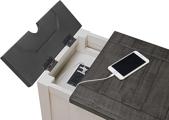 Martin Svensson Home Monterey Chairside Table - White with Grey Top - Coastal Multi-Use Table with Built-in Outlets and Drawers for Bedroom or Living Room