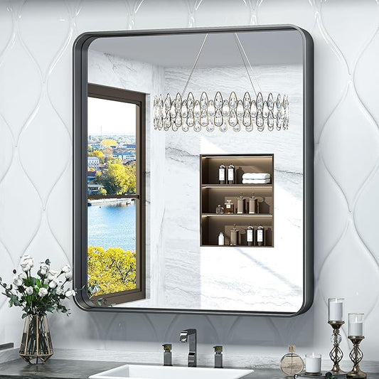 TokeShimi 32x36 Inch Black Bathroom Mirror for Wall Vanity Mirror with Non-Rusting Aluminum Alloy Metal Frame Rounded Corner for Modern Farmhouse Home Decor (Horizontal/Vertical)