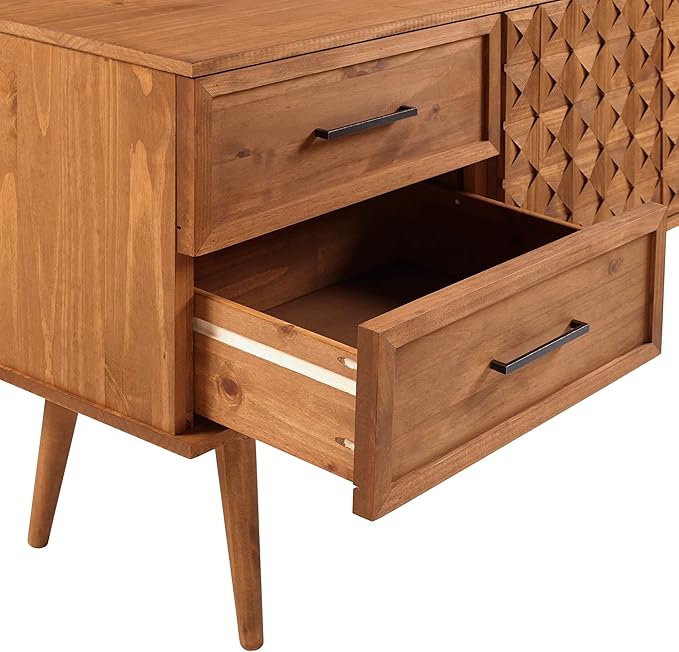 Walker Edison Deluca Boho Solid Wood 2 Door Sideboard with Prism Detail, 58 Inch, Caramel
