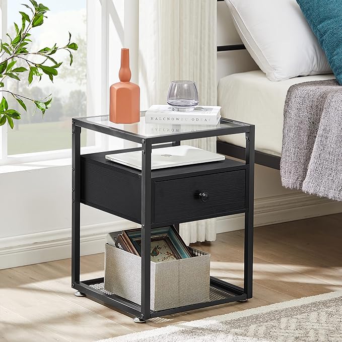 VECELO End Table, Modern Nightstand with Drawer, Night Stand Set of 2 for Bedroom Living Room,Tempered Glass