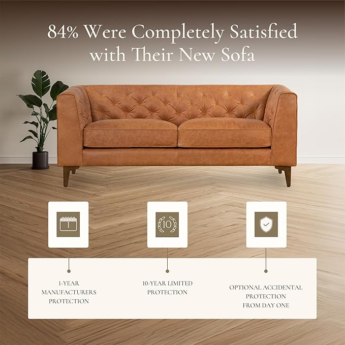 POLY & BARK 74” Essex Apartment Leather Couch - Apartment Sofa with Tufted Back - Full-Grain Leather Sofa for Living Room with Feather-Down Topper - Vintage Italian Leather in Cognac Tan