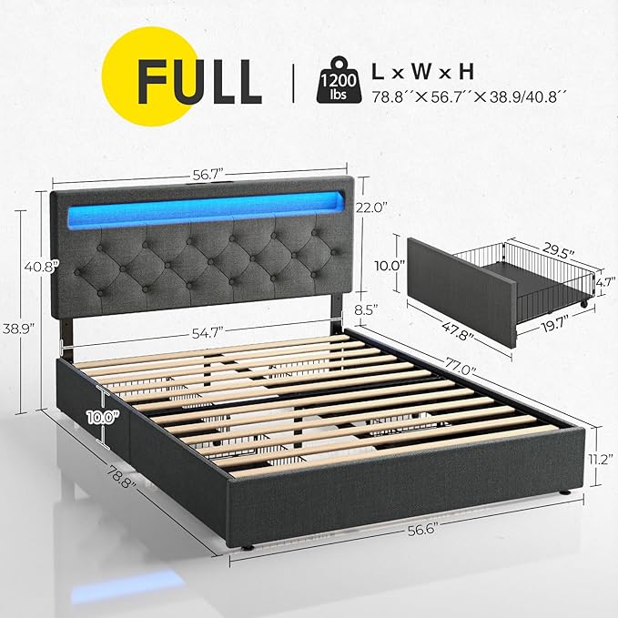 Rolanstar Full Size Bed Frame with 4 Storage Drawers and Charging Station, Full Bed with Led Lights, 2 USB & 1 Type C, Adjustable Headboard 38.9/40.9 Inches, No Box Spring Needed, Grey