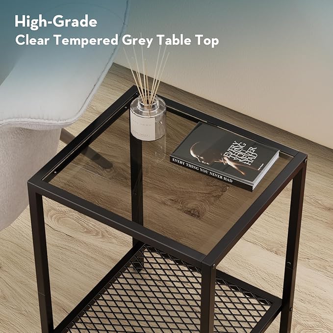 SAYGOER Small Side Table Glass End Table with Mesh Storage Shelf for Small Spaces Modern, 13.4" x11.8" x19.7", 2-Tier Square Bed Nightstand Couch Table for Living Room Bedroom, Gray
