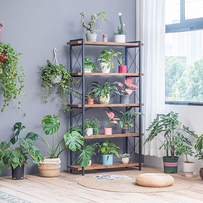 Bookshelf, 5 Tier Book Shelf, Industrial Tall Bookcase for Living Room, Home Office and Kitchen