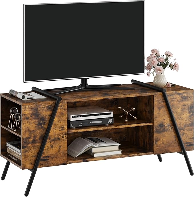 Garvee 47 Inch TV Stand with Slanted Metal Legs, Industrial Media Console with Adjustable Open Shelves, Wooden Entertainment Center Television Stand for Living Room, Bedroom, Orange Oak