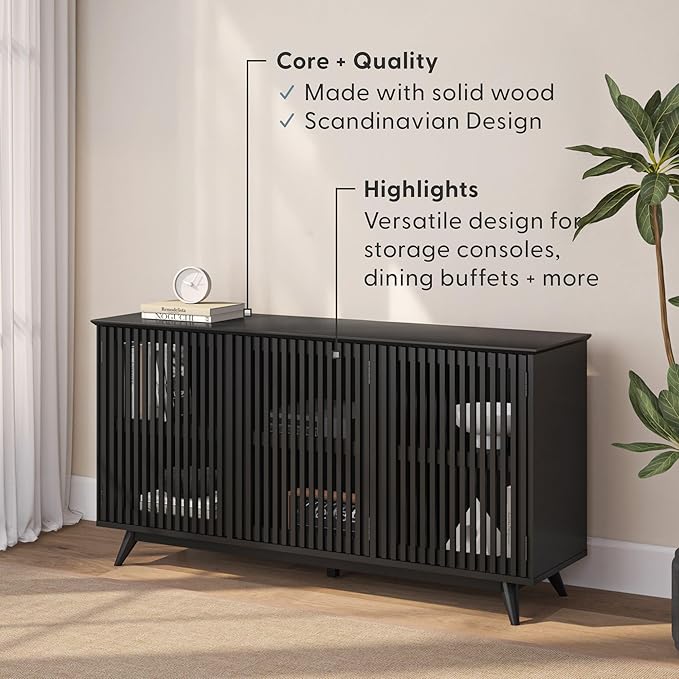 Plank+Beam Mid-Century Modern Wood TV Stand, Three Door Solid Wood Entertainment Console with Storage, 59" L x 16" W x 30" H, Black