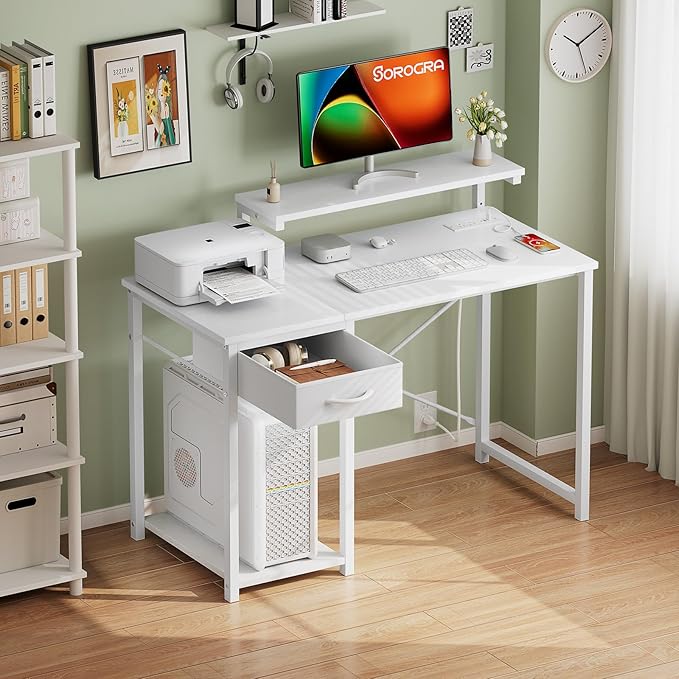 Computer Desk with Adjustable Monitor Stand, 47.2 in Small Desk with Reversible Storage Shelves, Office Desk with Spacious Desktop Spaces for Home Bedroom Workstation, White