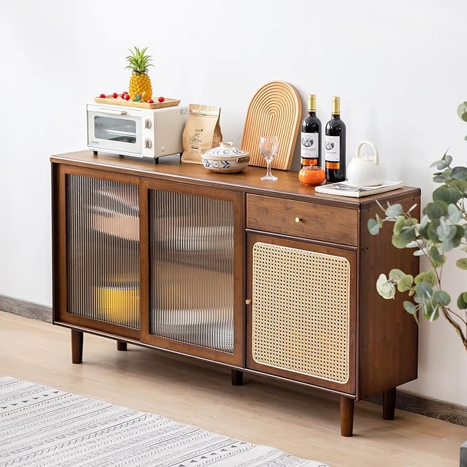 Tiita Bamboo Sideboard Buffet Cabinet, Rattan Kitchen Storage Cabinet with Drawer, Boho Coffee Bar Tables for Kitchen Hallway Office, Walnut
