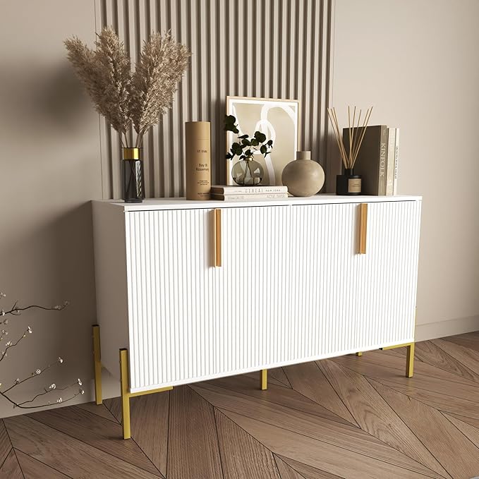 4 Doors Sideboard Buffet Cabinet with Adjustable Shelves,Modern Accent Sideboard with Golden Legs,Wide Storage Cabinet for Kitchen,Living Room,White