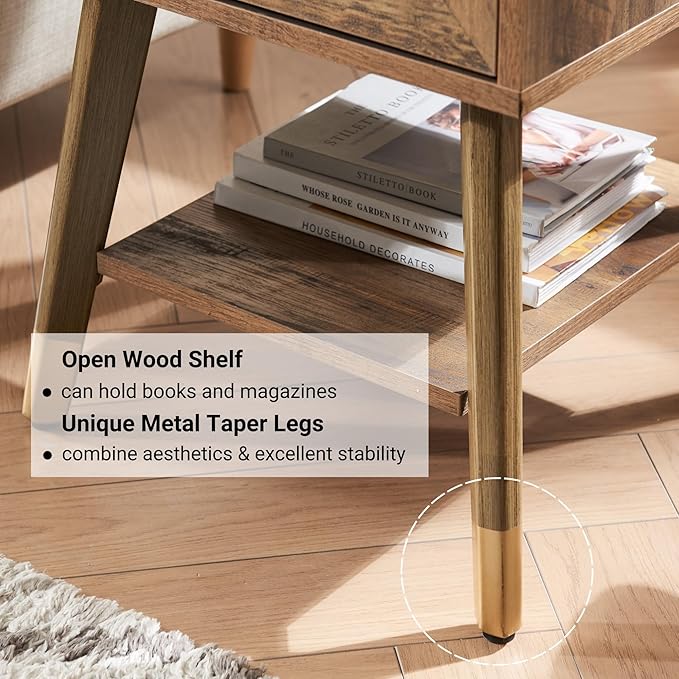 Boho Style Living Room Side Table, Wood End Table with Drawer and Shelf, Small Nightstand for Bedroom, Rustic Oak