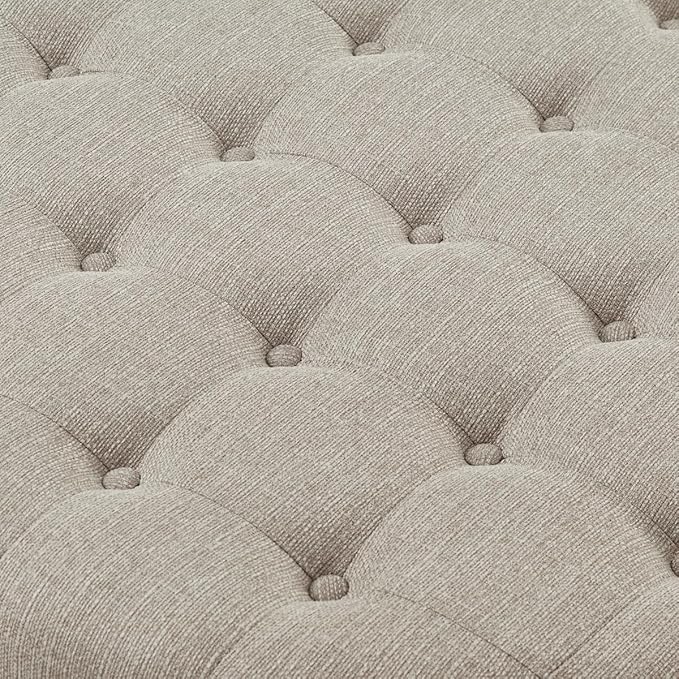 24KF Upholstered Round Coffee Table with Wooden Shelf, Tufted Button Large Round Ottoman with Spindle Wooden Legs, Linen Large Footrest Ottoman Pouf for Living Room, Linen