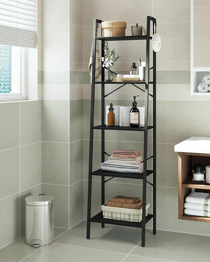 Ladder Shelf, Bookshelf Bookcase, Freestanding Corner Storage Shelve with 2 Hooks for Home Office, Living Room, Kitchen, Bedroom, Industrial, 5-Tier Black BC19204B