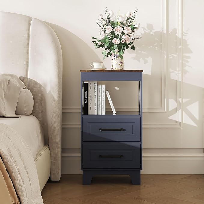 Tall Nightstand Set of 2 Side Table with 2 Drawers Modern Night Stand Wooden Rustic End Table Bedside Table with Upper Open Shelf Solid Feet for Bedroom, Living Room, Navy Blue+Walnut