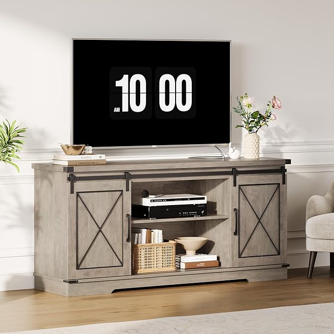 IDEALHOUSE Farmhouse TV Stand and Entertainment Center for Tv up to 65 inches with Sliding Barn Doors and Adjustable Shelf, Tv Media Console Table with Storage Cabinet for Living Room, Grey