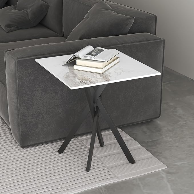 White Marble Side Coffee Table Set of 2 with Metal Legs, Sintered Stone Square Modern Small End Table for Living Room Sofa Table Home Bed Office (2 Pieces, 20"×20"×22")