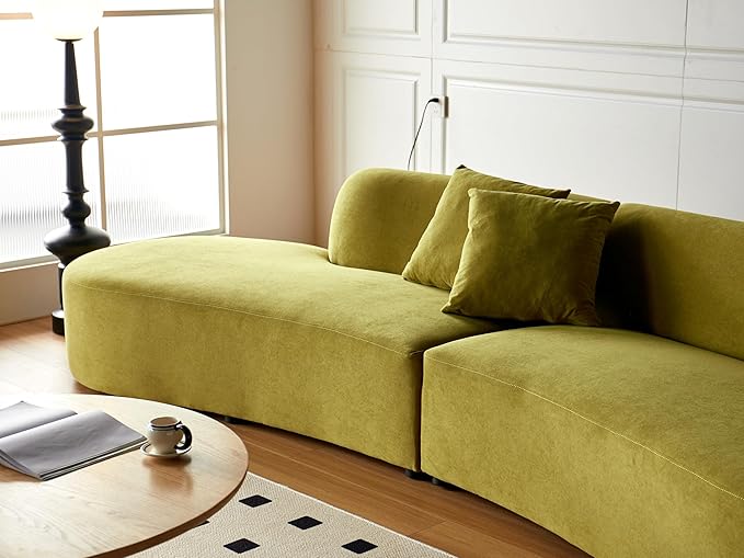 Container Furniture Direct 132" Curved Sofa with Throw Pillows, 6 Seater Luxury Velvet Couch with Half Moon Design and High-Density Foam, Ideal for Modern Living Room, Office & Apartment, Olive Green