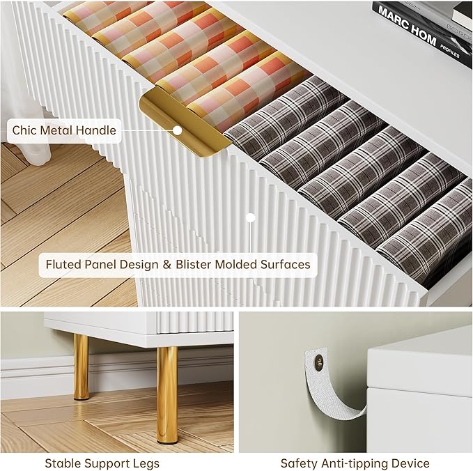 White Dresser, Modern 3 Drawer Dresser for Bedroom with Gold Handle and Large Drawer, Wood Double Chest of Drawers and Storage Organizer for Living Room, Hallway, Entryway