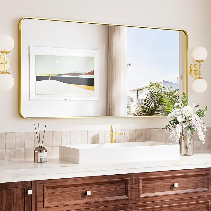 TokeShimi 48x24 Brushed Gold Bathroom Mirror for Over Sink,Bathroom Mirror Rectangle with Tempered Glass,Vanity Mirror with Aluminum Frame(Horizontal/Vertical)