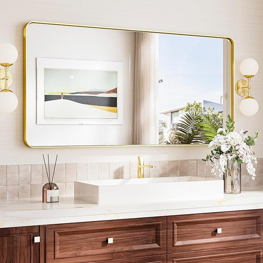 TokeShimi 48x24 Brushed Gold Bathroom Mirror for Over Sink,Bathroom Mirror Rectangle with Tempered Glass,Vanity Mirror with Aluminum Frame(Horizontal/Vertical)