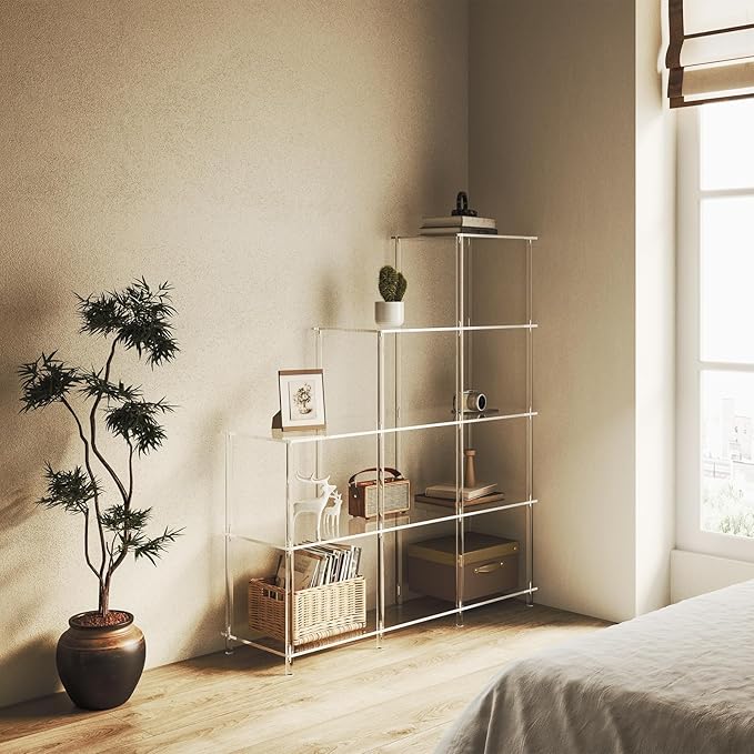5-Tier Acrylic Bookshelf, 9 Cube Bookcase, Clear Open Stepped Book Shelf for Home Office, Living Room, Bedroom, Easy Assembly, 11.8" D x 40.6" W x 46.1" H