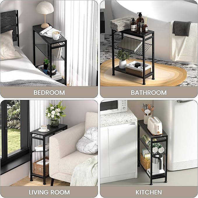 End Table for Small Space, 3-Tier Narrow Side Table with Magazine Holder, Nightstand, Skinny Snack Couch Table in Living Room, Bedroom Study and Balcony (Black)