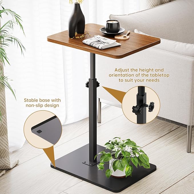 NiHome Minimalist Height Adjustable End Table, 360° Rotatable Sofa Armrest Side Tray Table, Adjustable Legs Space-Saving Couch Bedside Bathtub TV Tray C-Shaped End Table Snack Table for Eating (Brown)