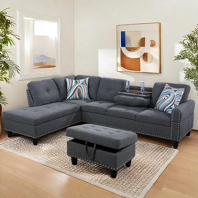 L Shaped Sectional Couch with Otttoman, 97" Leather Sectional Sofa for Living Room Modular Couches with Cup Holders for Bedroom, Apartments, Grey
