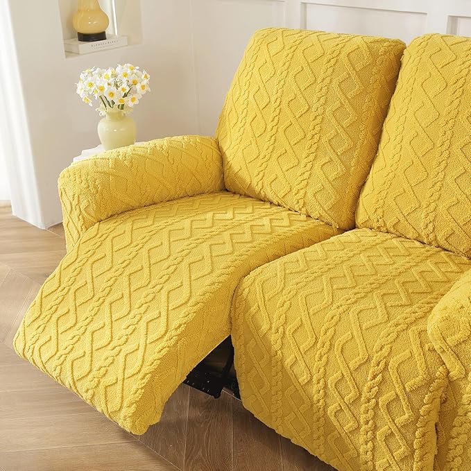 vctops 6 Pieces Geometric Jacquard Plush Recliner Loveseat Slipcovers Soft Fuzzy Fluffy Sofa Couch Cover Anti-Slip Furniture Protector with Elastic Bottom for Kids Cats Dogs(Yellow,2 Seat)