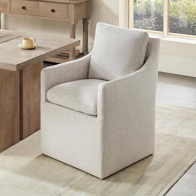 Upholstered Dining Chairs with Casters No Assembly Modern Accent Armchair with Rollers for Diningroom Bedroom Livingroom Reading Room,Linen,2 Boxs