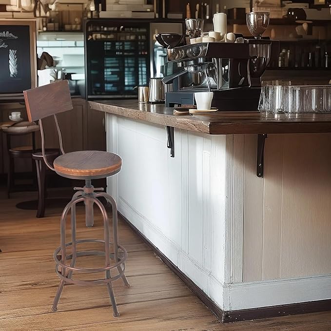 Set of 2-Industrial Bar Stools-Swivel Wooden Seat-Bar Counter Height Adjustable 26-32.2inch-Kitchen Dining Chairs