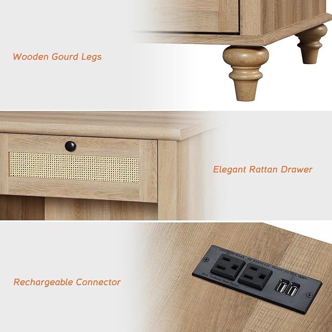 WAMPAT Set of 2 Rattan Night Stands Side Tables with Charging Station, Wood End Table for Living Room with Drawers & Shelf, Farmhouse Bedside Table Nightstand for Bedroom, Oak