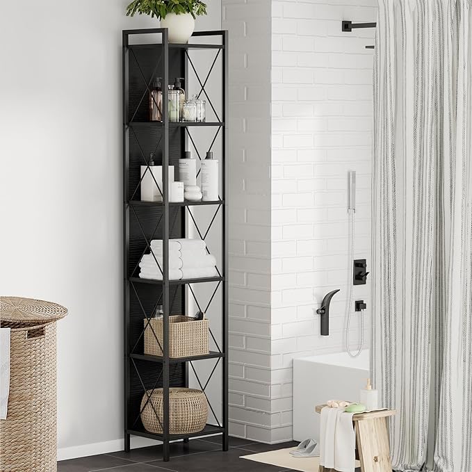 Homhedy 6 Tier Bookshelf Bookcase, Tall Narrow Bookshelf for Small Space, Metal Storage Shelves with Back Panel, for Home Office, Living Room, Kitchen, Bedroom, Industrial Style, Black