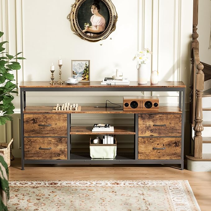 Huuger TV Stand Dresser with Power Outlets and LED Lights, 4 Drawers Entertainment Center with Shelves, 54 Inch Media Console for 55 60 Inch TV, 4 AC Outlets, 2 USBs, Rustic Brown