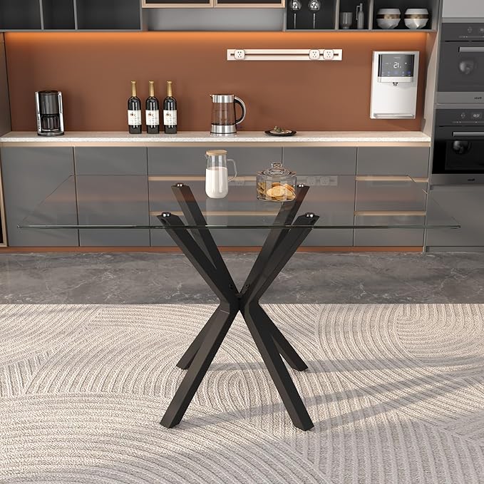 Tempered Glass Dining Table for 4, 48 Inch Rectangular Kitchen Table with Black Metal Legs Modern Style Dinner Table for Dining Room Kitchen
