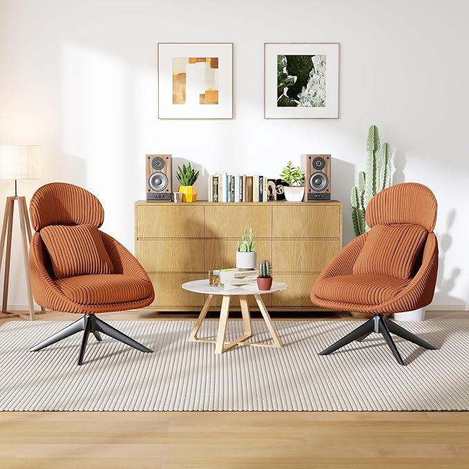 Furniliving Large Swivel Accent Chair Modern Arm Chair Sofa Chair with Pillow Living Room Chair Bedroom Chair with Headrest Comfy Desk Chair Upholstered Chairs for Rest Room, Corduroy, Orange