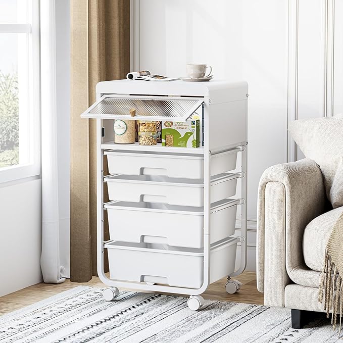 Utility-Rolling-Storage-Drawer-Craft-Cart-Organizers with 4 Drawers & Dust-proof Door for Kid Craft Art Room,Bedroom,Home Office, Craft Drawer cart, Classic White
