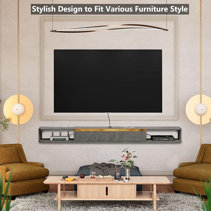 Floating TV Stand, 95'' Wall Mounted Entertainment Center TV Media Console, Floating Shelves with Door, Floating TV Cabinet Large Storage TV Bench for Living Room (Dark Grey, 94.49IN)