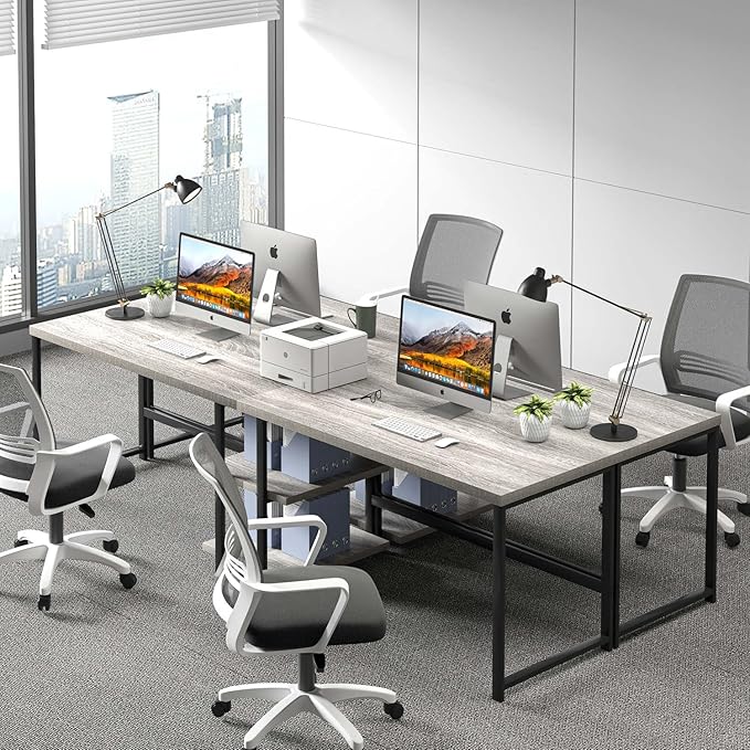FOLUBAN Computer Desk, Modern Home Office Desk with Shelves, Wood Writing Study Gaming Table for Living Room Bedroom, Light Grey, 53 inch