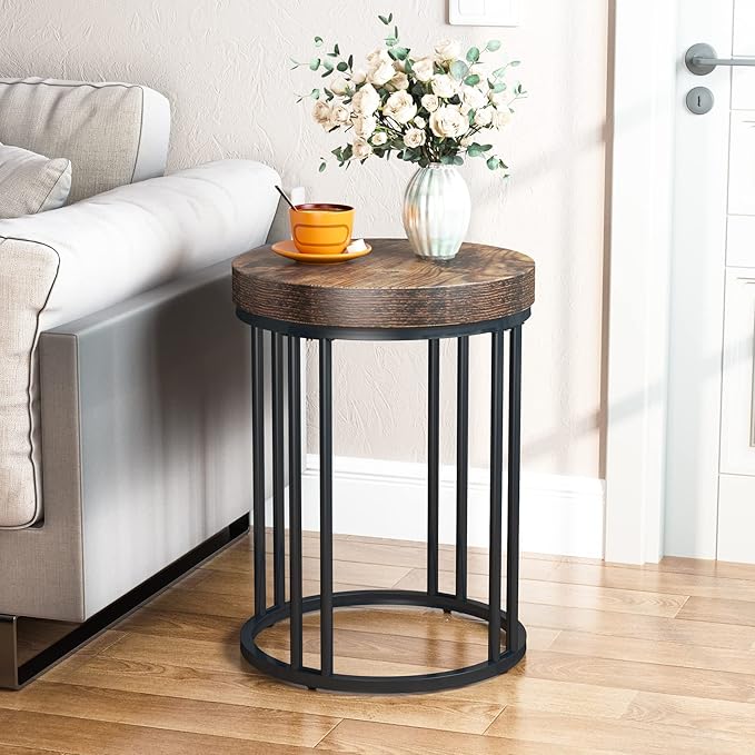 LITTLE TREE Round End Table, Industrial Side Table Small Accent Table, Metal Circle C Table Bed Side Table for Living Room Sofa Side Couch, Bedroom, Easy Assembly, Space Saving (Brown, 1PC)