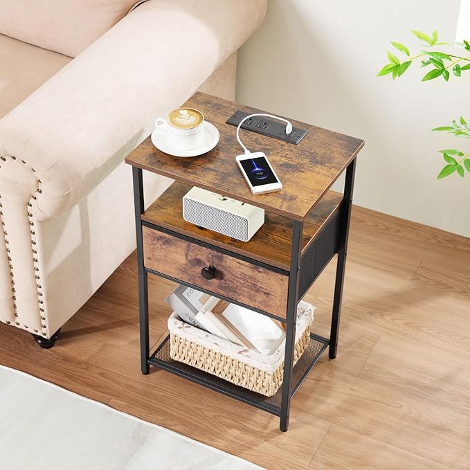 Night Stand Set 2, Nightstand with Charging Station, End Tables Living Room with Fabric Drawer for Small Spaces, Side Tables with Storage Shelf for Bedroom, Rustic Brown HETS010PBR