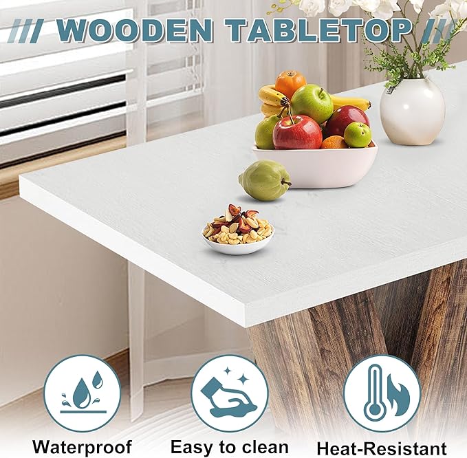 Dining Table for 4-6, 47" Farmhouse Dinner Table with with Wooden Tabletop and Heavy Duty Pedestal Wooden Rectangular Kitchen Tables for Dining Room, Kitchen, Living Room, White & Brown