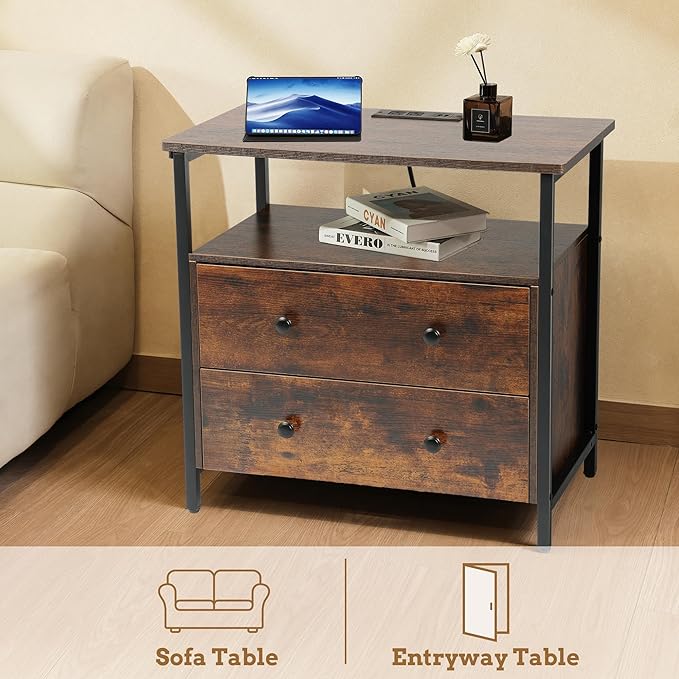 27 inch Wide Nightstand with Charging Station, Bedside Table with Open Shelf, 2 Drawers Small Wood Dresser, End Side Table for Bedroom (Rustic Brown)