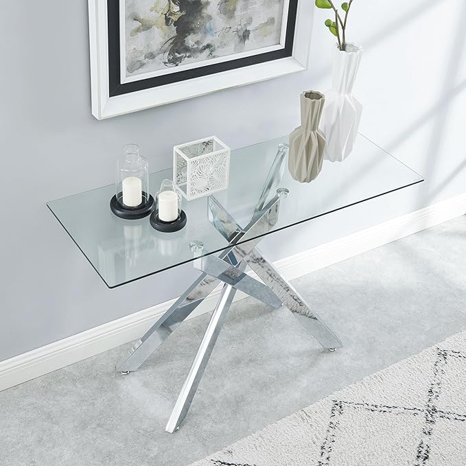 Modern Style Console Table Narrow Sofa Table with Tempered Glass Top and Metal Tubular Legs, 45" Lx18 Wx30 H, Silver