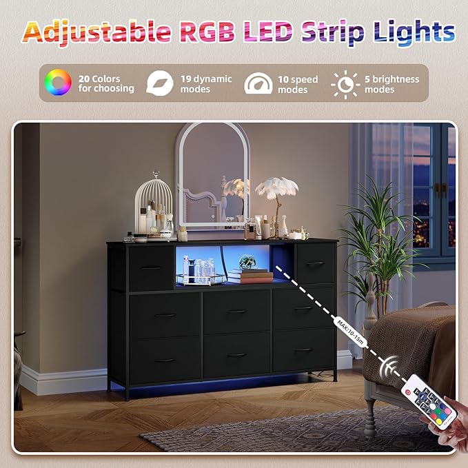 Somdot TV Stand for Bedroom, Dresser for Bedroom for 55 inch TV with Charging Station and LED Lights, Media Console Table with 8 Drawers, Open Shelf, Adjustable Feet,Living Room Furniture,Black