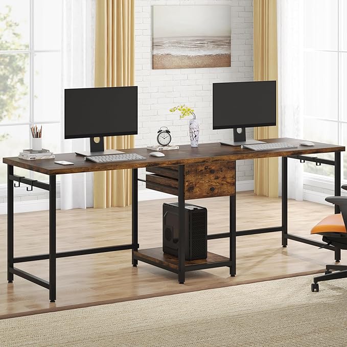 Tribesigns Two Person Desk, 79 Inch Double Desk with 2 Drawers, Large Computer Desk Long Desks with Storage Shelves, Writing Table Study Desk for Home Office, Rustic Brown (NY001)